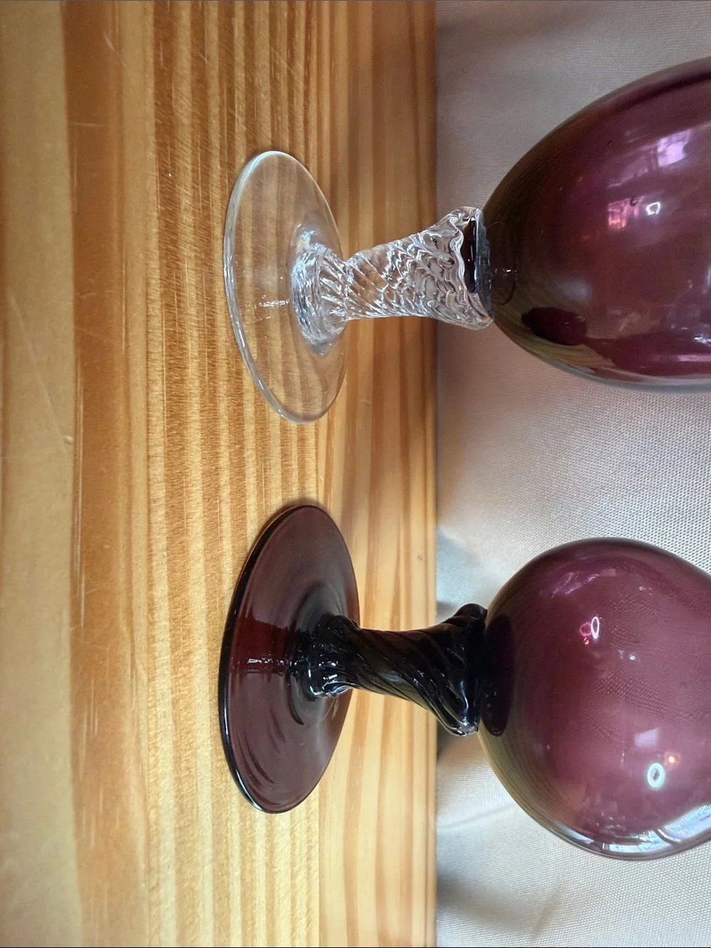 Vintage Amethyst Glass Bud Vases Mismatched Pair Mid Century Modern Ruffled